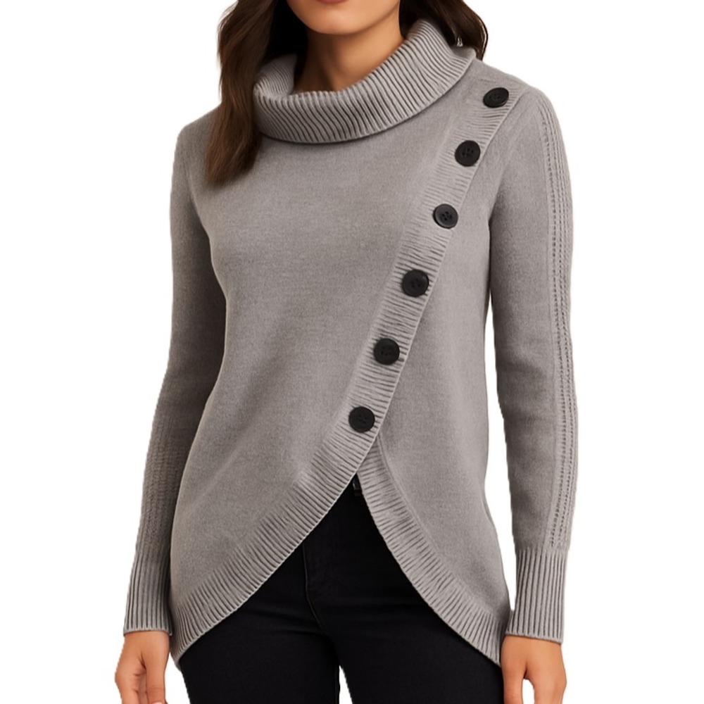 Womens Small Gray Modern Chic Button Accent Asymmetrical Cowl Neck Sweater